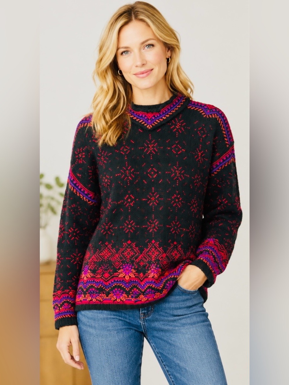 Dale of Norway Black Mock Turtleneck Sweater with Purple/Red Fair Isle Detail, M